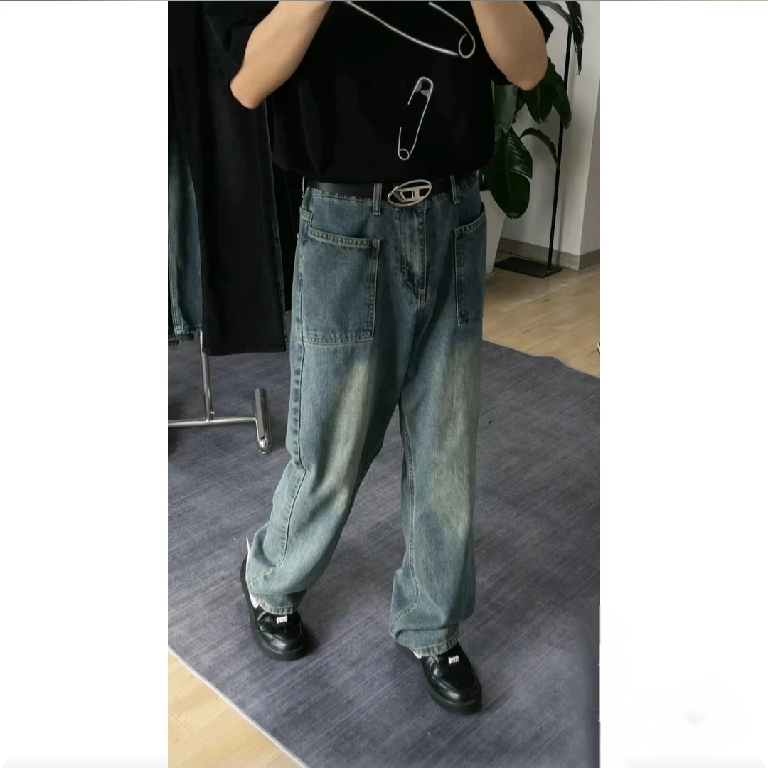 做旧牛仔裤男春秋款美式高街潮牌复古直筒宽松阔腿春季长裤子