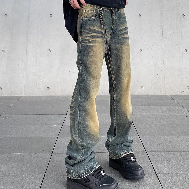 美式高街vibe做旧黄泥染水洗牛仔裤男潮ins直筒微喇cleanfit裤子