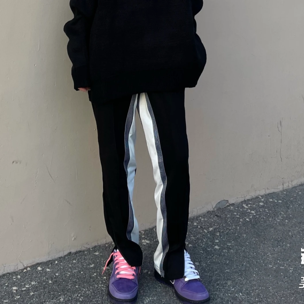 黑白织带条纹拉链直筒长裤ins休闲裤百搭运动潮牌春秋裤子男女