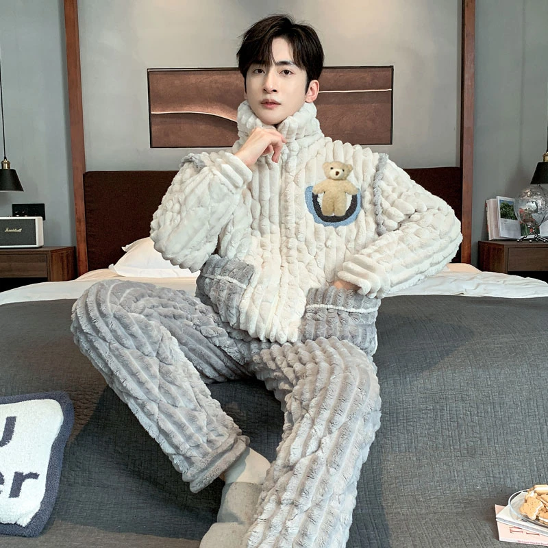 珊瑚绒睡衣男冬季三层夹棉男士秋冬季加绒加厚保暖家居服男款套装