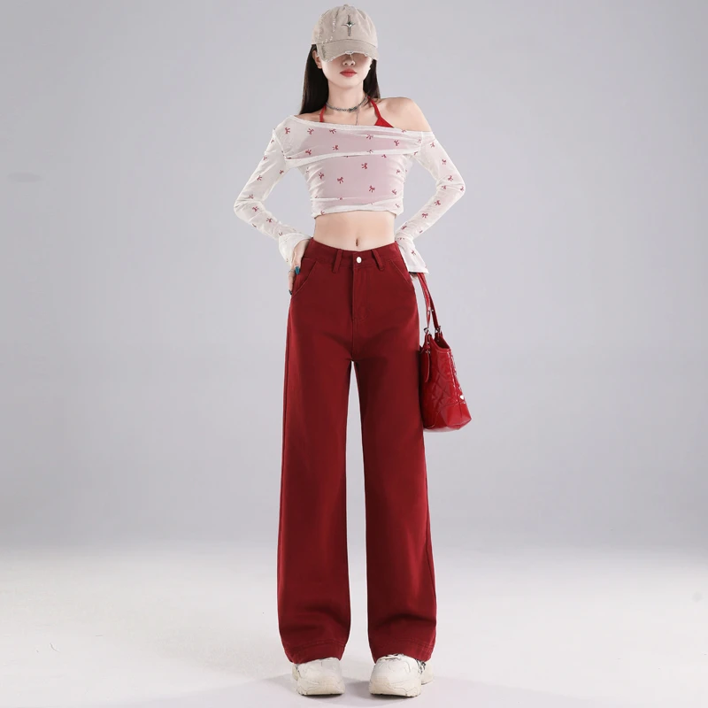 安可拉红九分高腰阔腿牛仔裤女新款春秋季小个子宽松显瘦直筒裤子