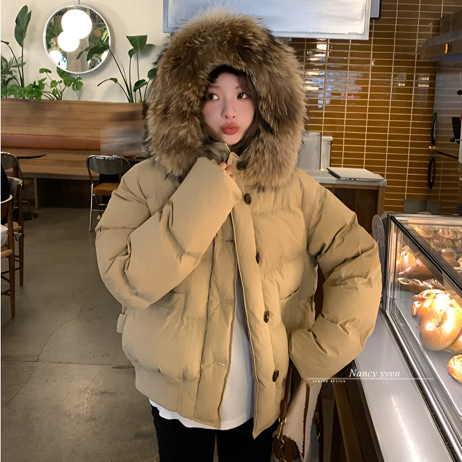 大毛领短款韩版宽松棉服2024时尚冬季新款纯色连帽保暖加厚外套女