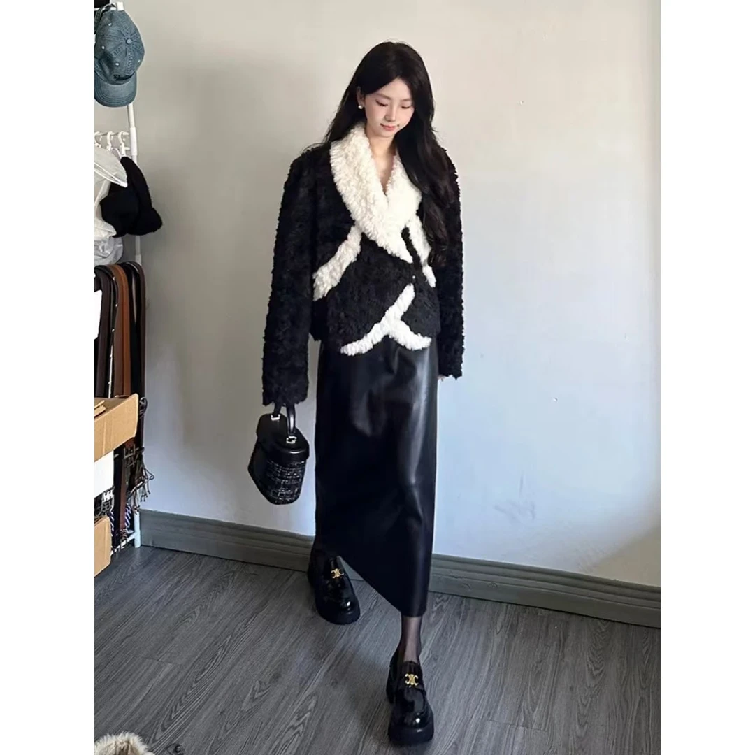 时髦高级感加厚翻领仿皮草外套女冬季新款洋气半身裙套装8223