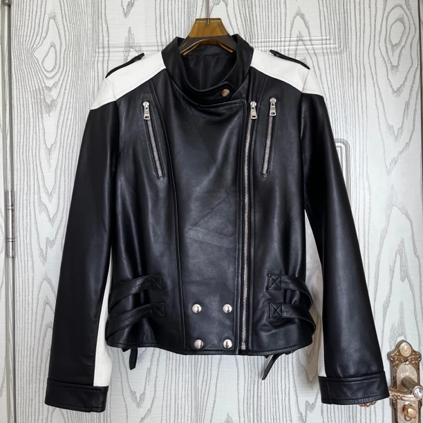 欧货头层绵羊皮撞色机车夹克女2024秋冬外套短款个性百搭爆款上衣