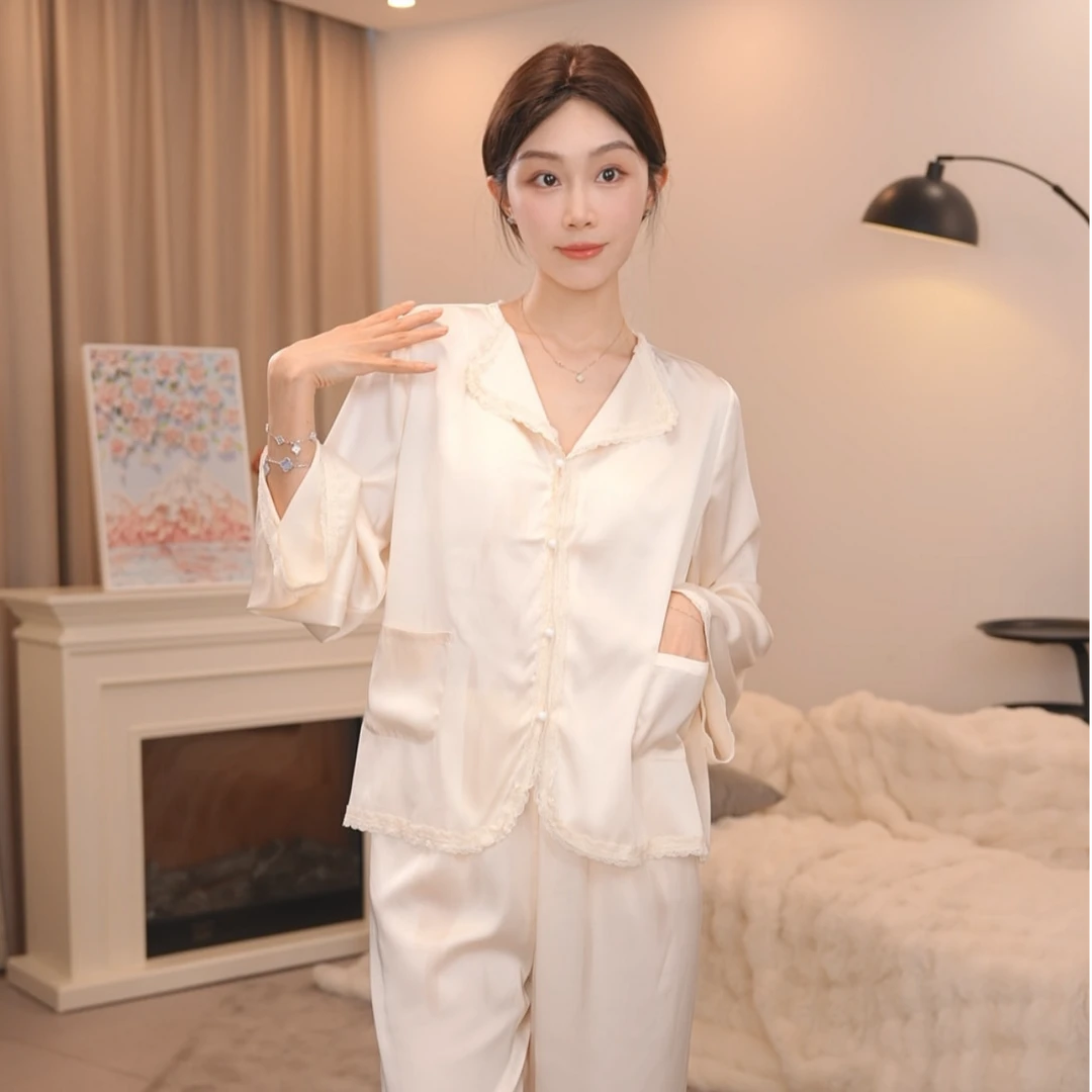 板栗小姐【雪悦】新款气质高级花边袖长袖两件套家居服