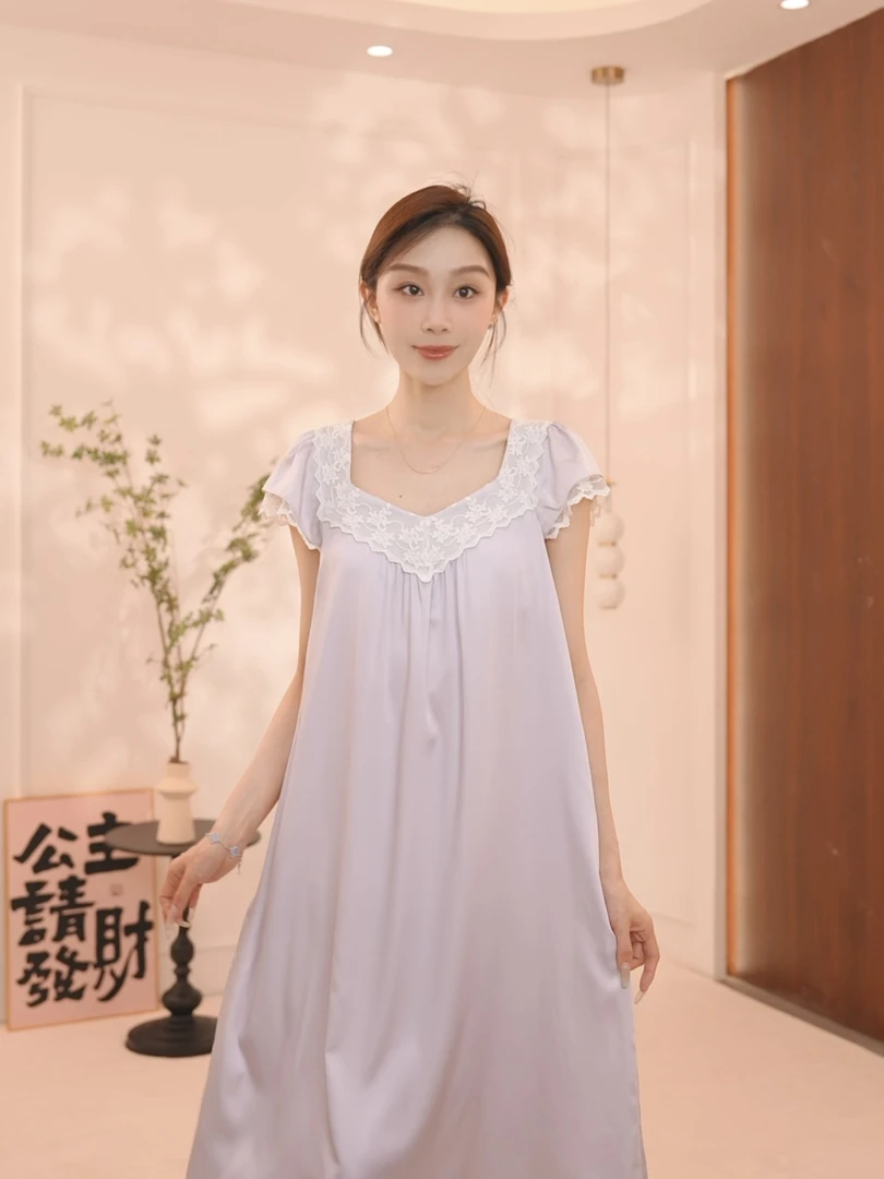 板栗小姐【花舞】中长款短袖蕾丝重工刺绣气质睡裙仙女款家居服外穿