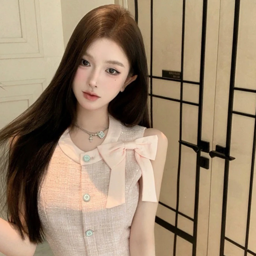 粉色小香套装2024夏季新款蝴蝶结绑带粗花呢背心半身裙两件套女