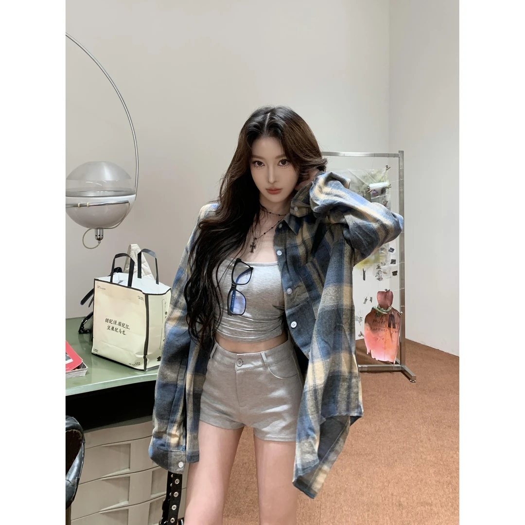 格子衬衫女款外穿外套2025早秋新款女装衬衣宽松设计感上衣
