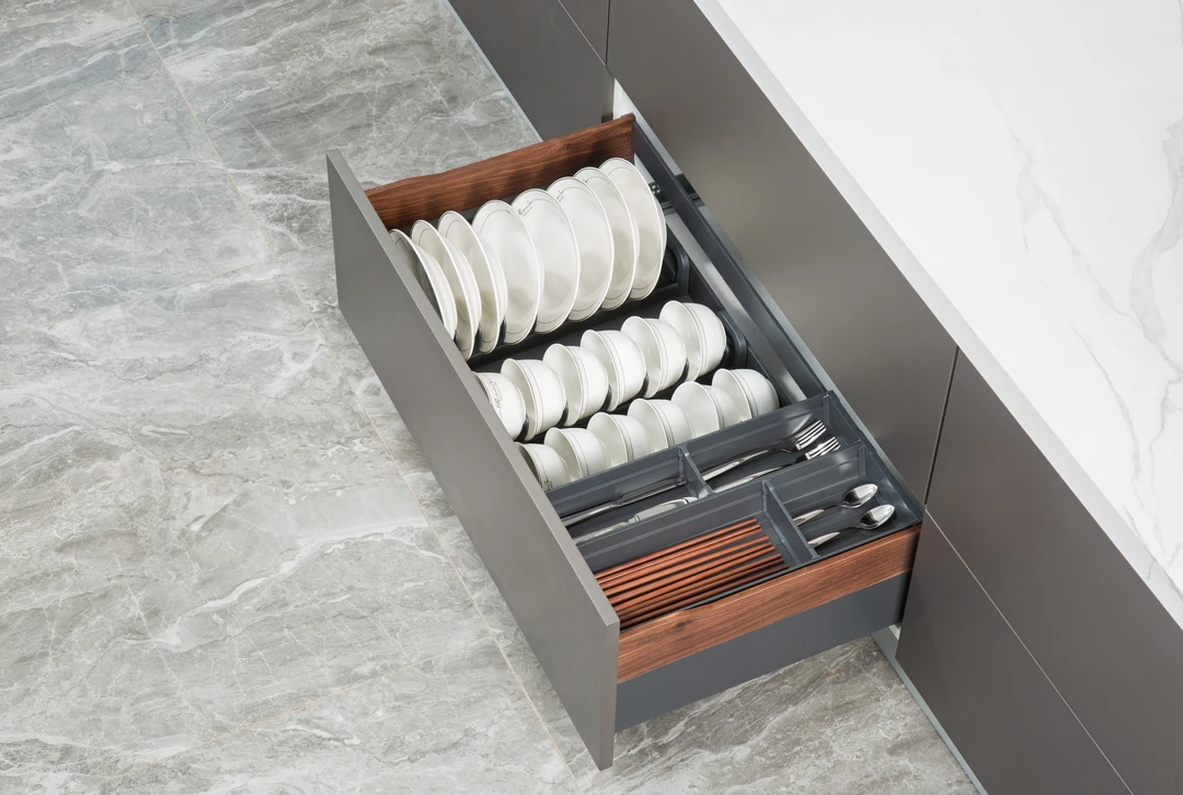 艾蒂纳厨房抽拉式阻尼铝木烹饪碗碟橱柜拉蓝太空铝双开门拉篮收纳