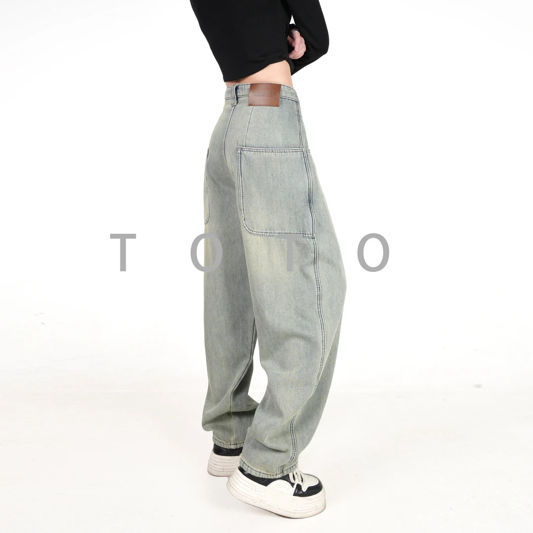 【大口袋】 B788 新款宽松美式休闲显瘦水洗复古牛仔老爹裤