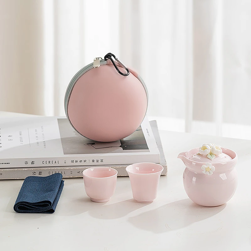 一品仟堂 粉色捏花快客杯陶瓷露营旅行便携女士功夫茶杯茶具套装