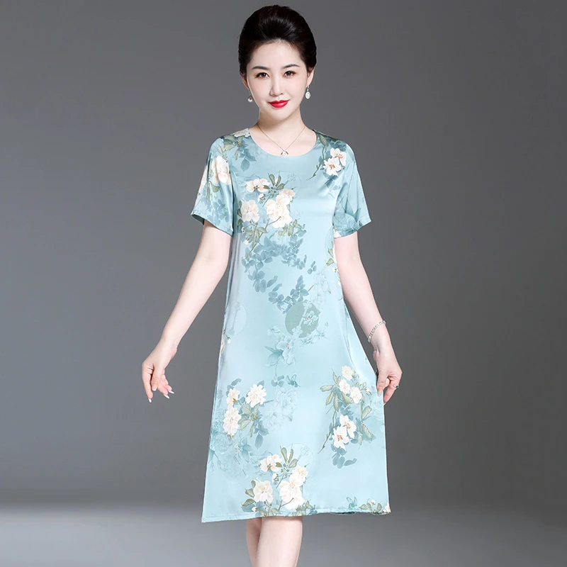 重磅真丝连衣裙女2023年新款夏装宽松气质中老年妈妈装桑蚕丝裙子