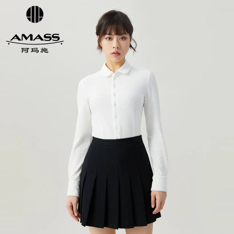 AMASS/阿玛施新款通勤气质素面百搭单排扣修身纯色衬衫女5300528