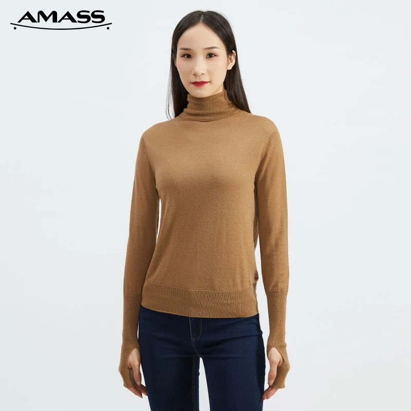 AMASS/阿玛施百搭纯色套头长袖时尚高领指环打底内搭针织开衫