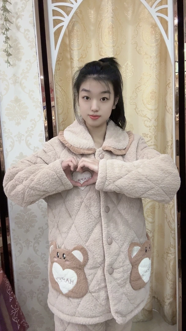 秋冬加厚加绒三层夹棉保暖睡衣女款法兰绒家居服套装