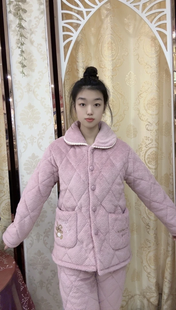 秋冬加厚加绒三层夹棉保暖家居服男女睡衣套装