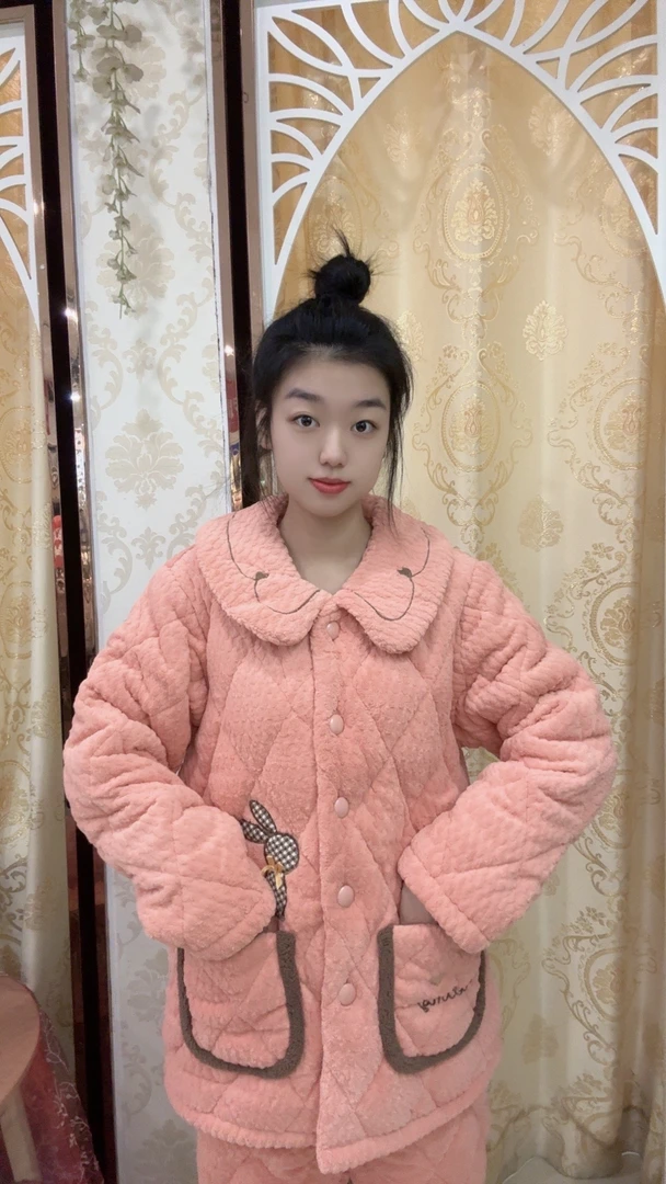 冬季女士三层夹棉睡衣加绒加厚家居服套装