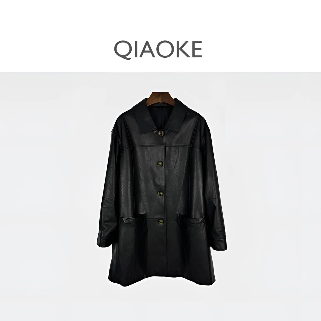 QIAOKE/春秋新品轻奢时尚休闲网红设计师真皮绵羊皮黑中长款皮衣