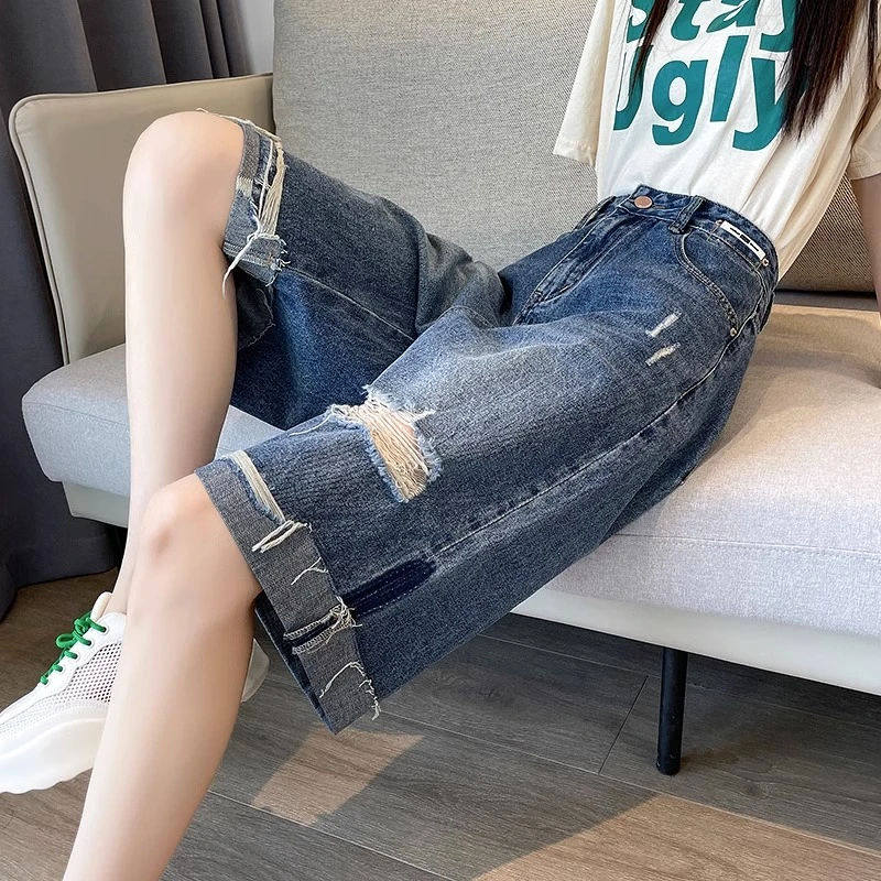 破洞牛仔短裤女五分裤宽松夏薄梨形身材高腰直筒翻边阔腿六分中裤