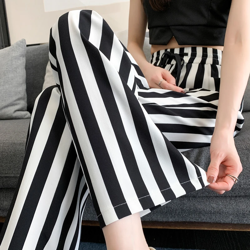冰丝窄版阔腿裤女夏薄款2024新款垂感黑白竖条纹格子裤休闲直筒裤