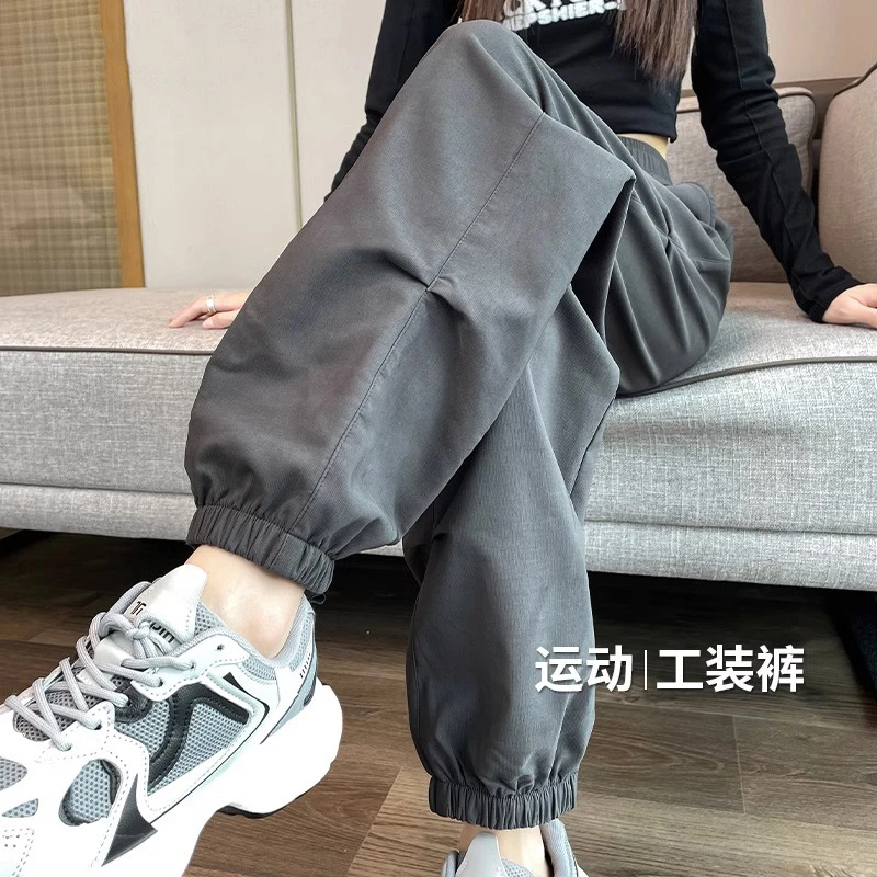 阔腿工装裤女春秋季2024年新款高腰显瘦降落伞裤休闲美式运动裤子