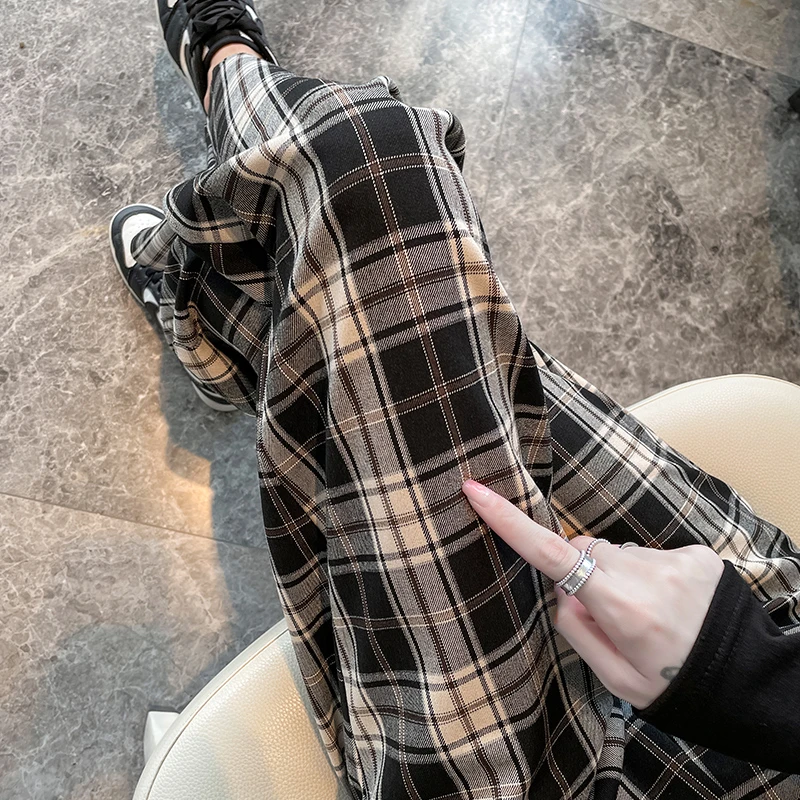 格子阔腿裤女春秋季薄款高腰垂感直筒裤宽松复古显瘦拖地休闲裤子