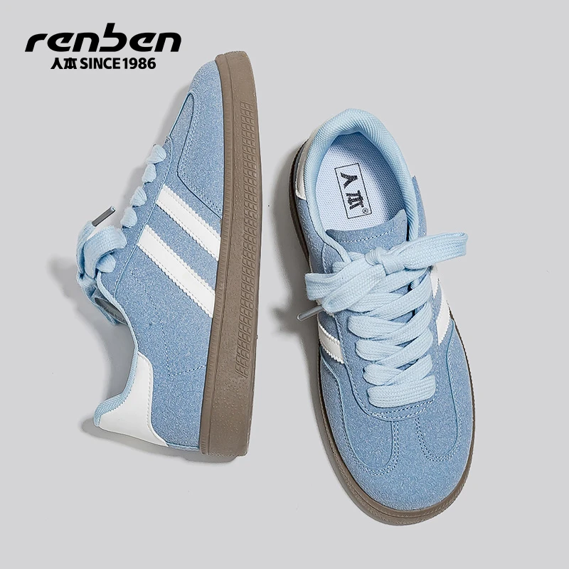 人本体育旗舰店加绒德训鞋女2025新款休闲板鞋百搭平底小白鞋