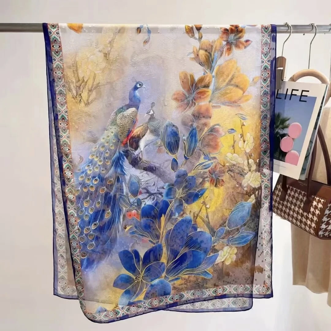 彩云之南人工剪花天蓝手绘气质蓝色丝巾百搭时尚