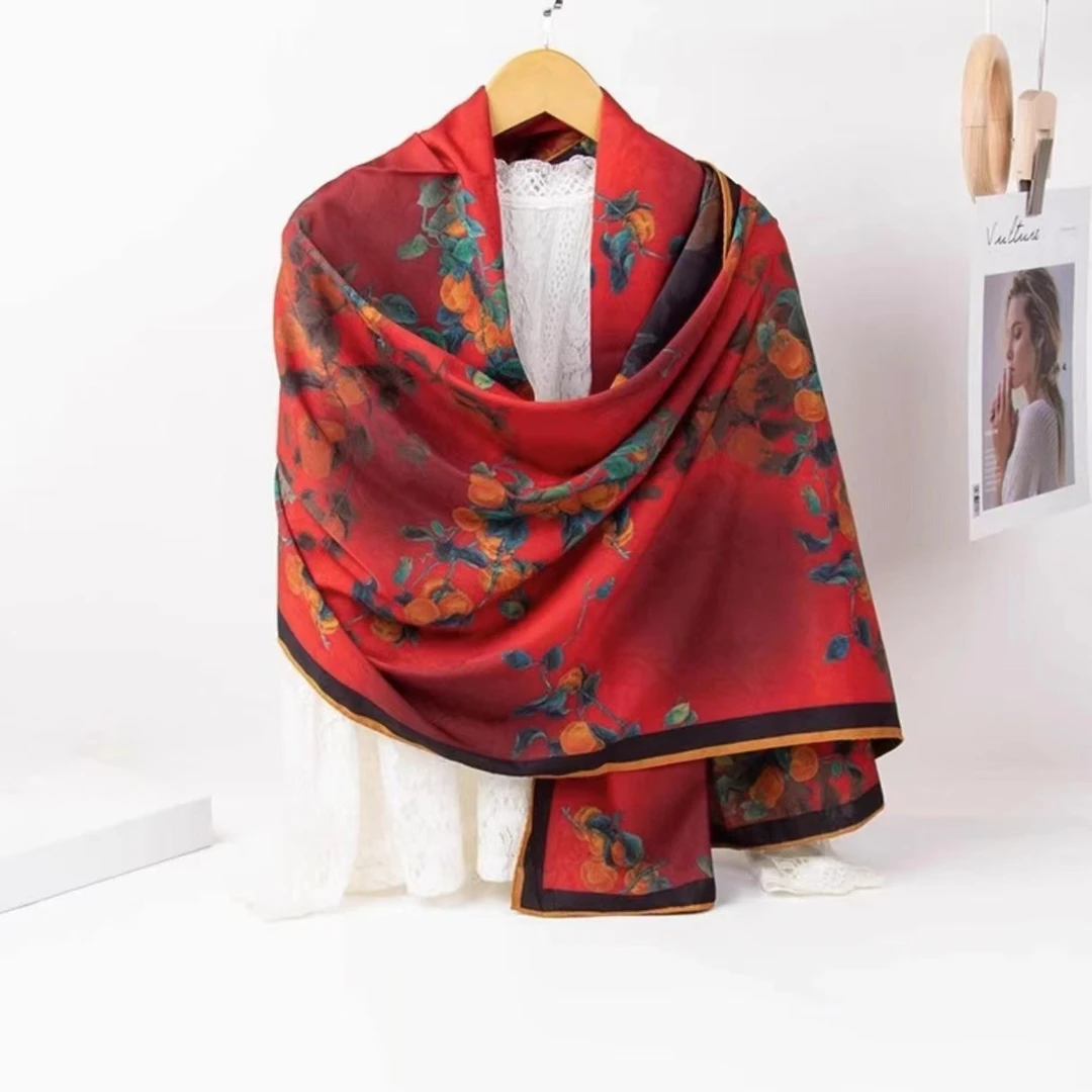 柿柿如意 桑蚕丝香韵纱180*70方巾国风双面花萝围巾披肩古风丝巾