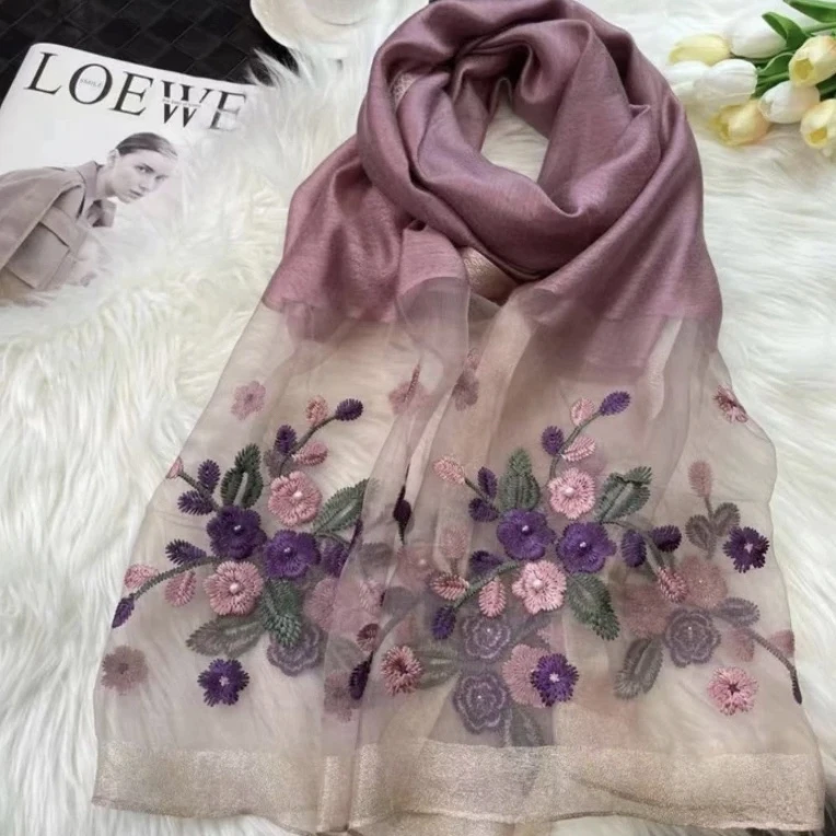 11蚕丝羊毛紫色海棠花微瑕应季丝巾明星同款韩系洋气高档微瑕