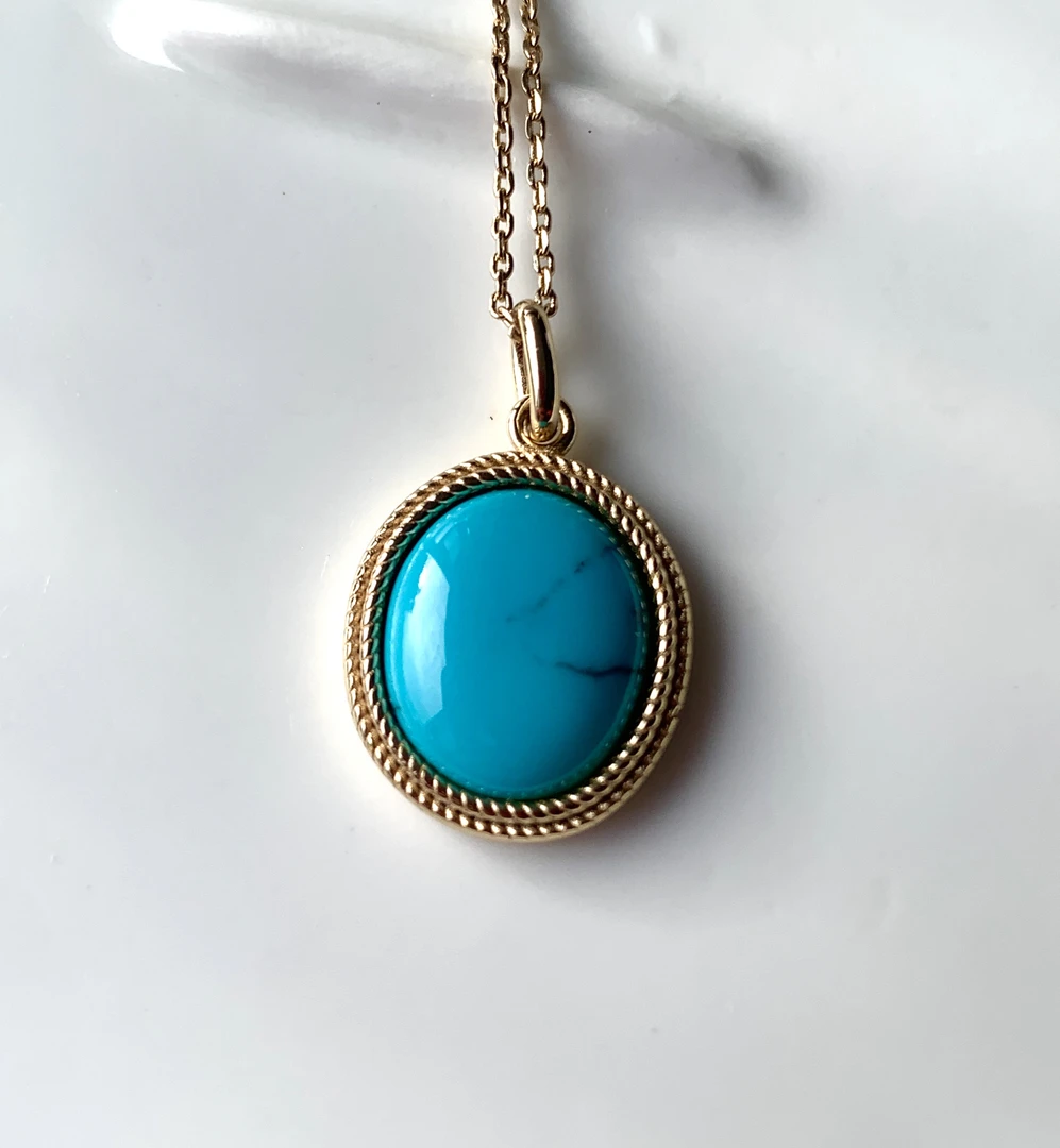 湖北十堰天然原矿绿松石高瓷蓝吊坠气质蓝色时尚百搭复古欧美镶嵌