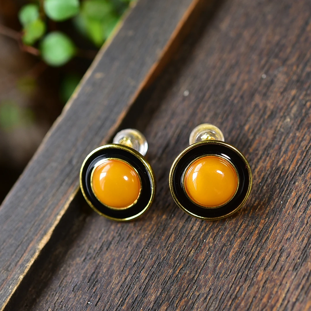 【亿琳珠宝】天然原矿老蜡耳钉蜜蜡耳饰黄色耳饰镶嵌S925多样性发