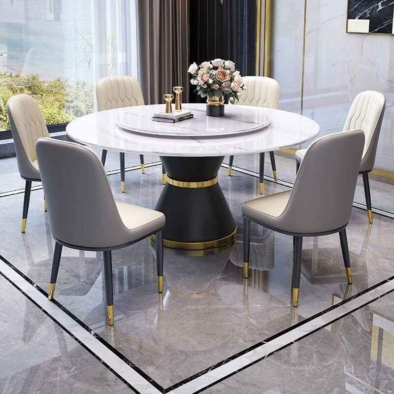 意式岩板圆桌组合现代简约小户型餐桌家用圆形转盘岩板电磁炉餐桌