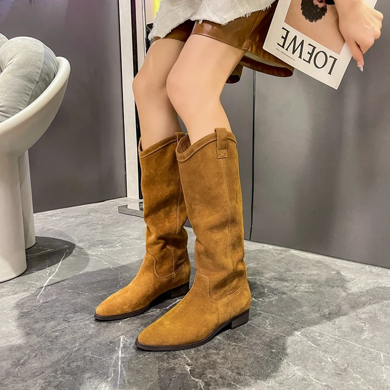 「Suggy」真皮磨砂尖头西部牛仔靴不过膝靴女秋冬堆堆靴长筒靴高筒