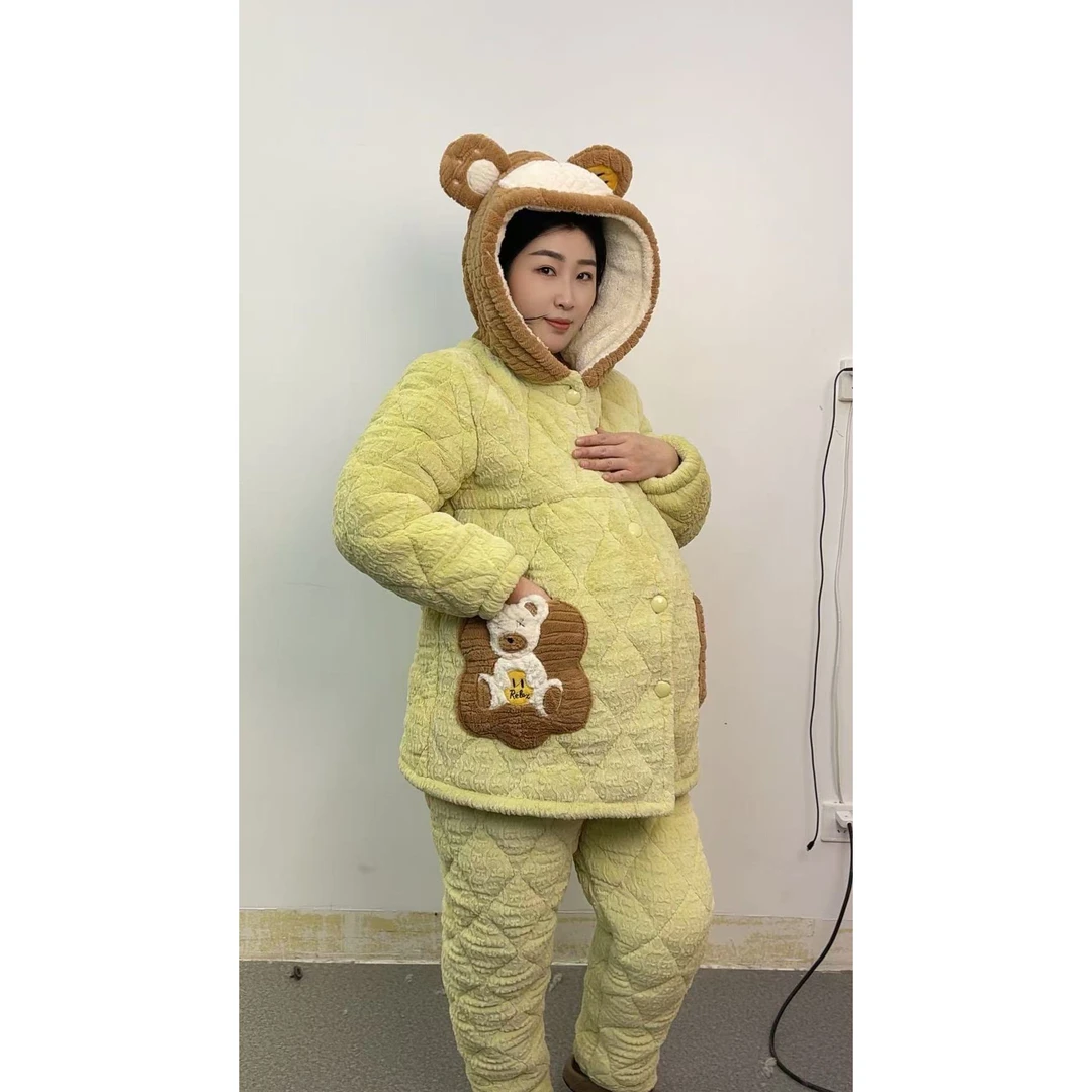 【2024】冬季新款女士加绒加厚孕妇装睡衣三层加棉加大居家服套装