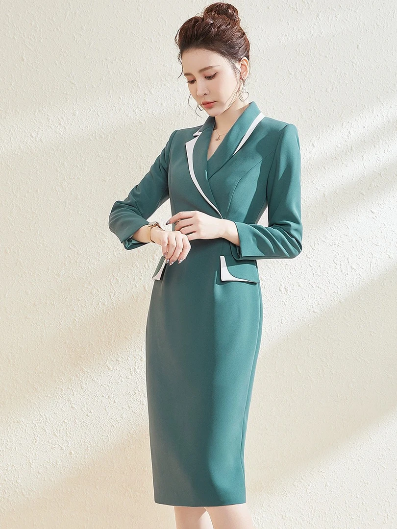 高级感黑色西装长款连衣裙女通勤2024修身收腰显瘦气质装裙子