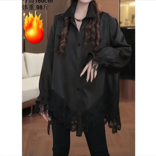 加绒保暖新款时尚休闲百搭气质感花边拼接衬衣28321