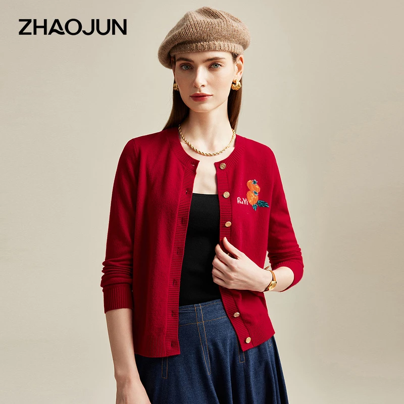 zhaojun/兆君24秋冬新款时尚嵌花羊绒开衫女圆领长袖纯色ZSS4464