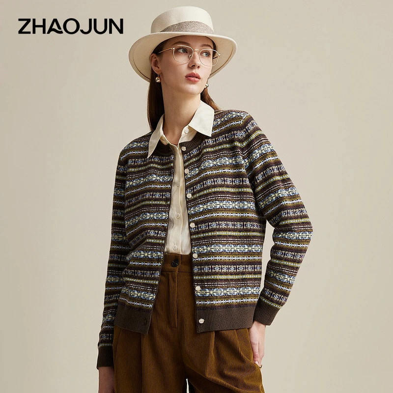 zhaojun/兆君2024秋冬新款圆领费尔岛长袖外套女羊毛开衫ZSS2060