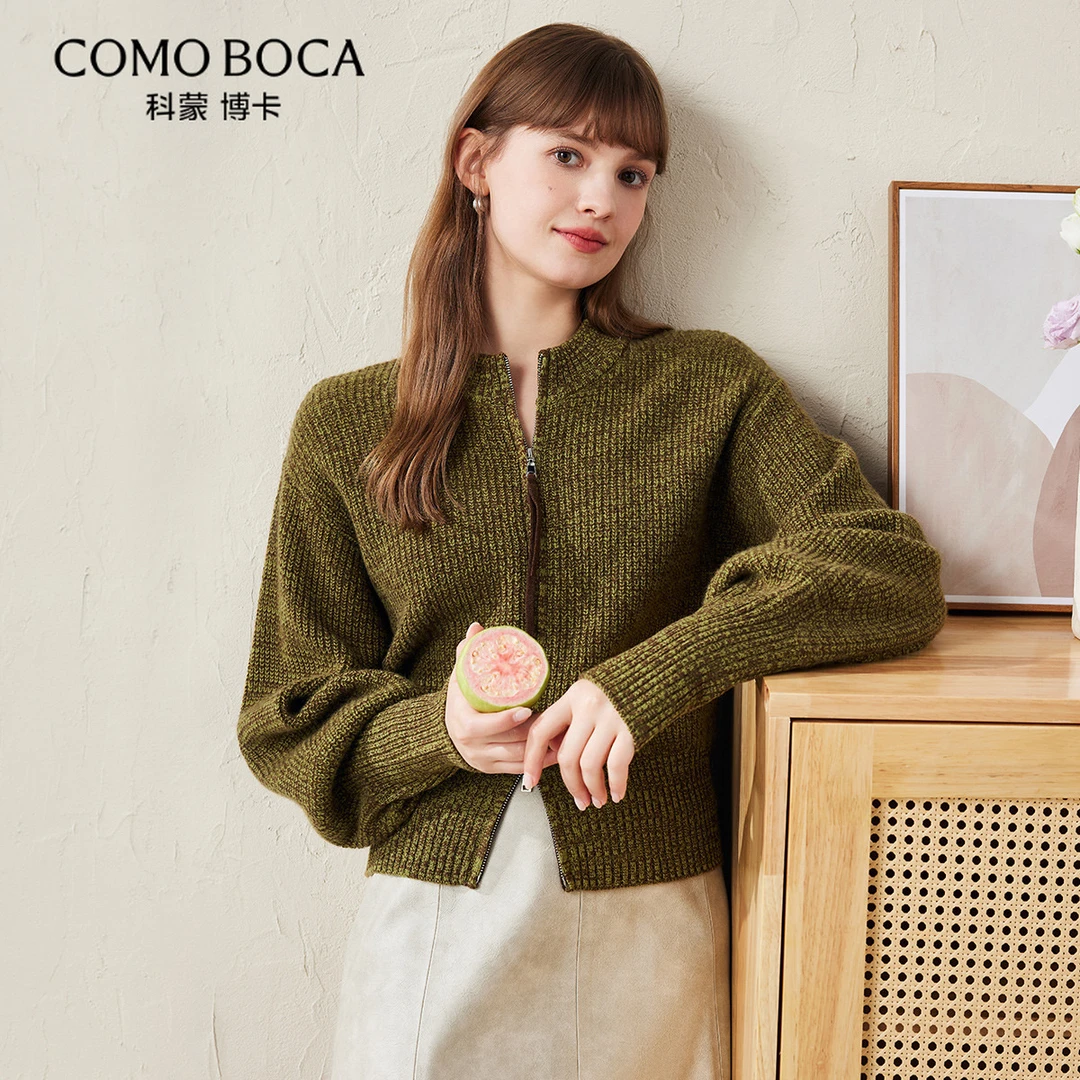 COMOBOCA/科蒙·博卡秋冬加厚纯绵羊毛立领针织拉链开衫KSS1354