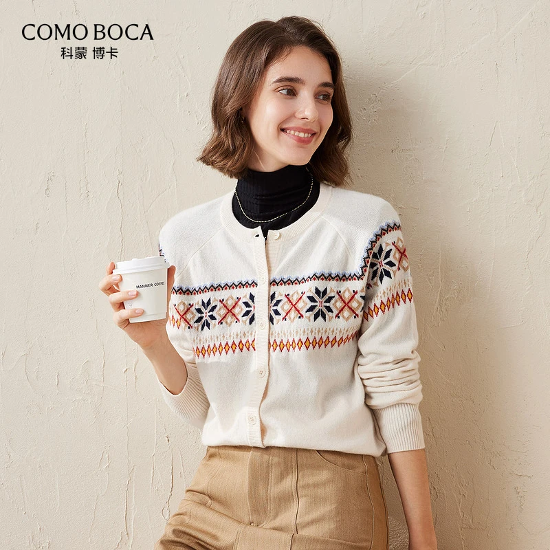 COMOBOCA/科蒙·博卡24新品百搭费尔岛提花针织纯羊绒开衫KSS1680