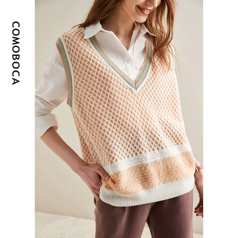 【早秋新款】早秋无袖撞色圆领针织山羊绒马甲背心KAP6050