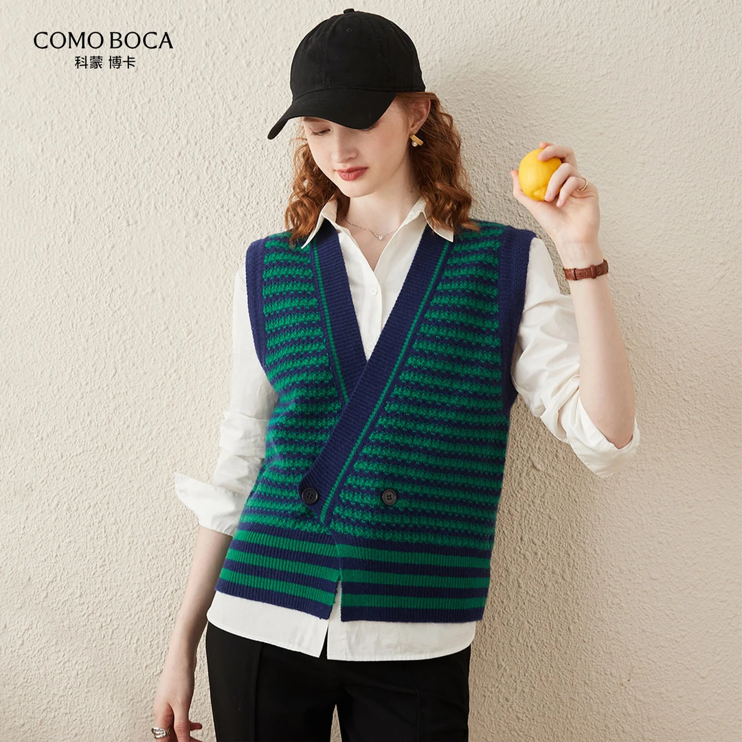COMOBOCA/科蒙·博卡秋冬V领摩登条纹针织绵羊毛背心女马甲KSQ1260
