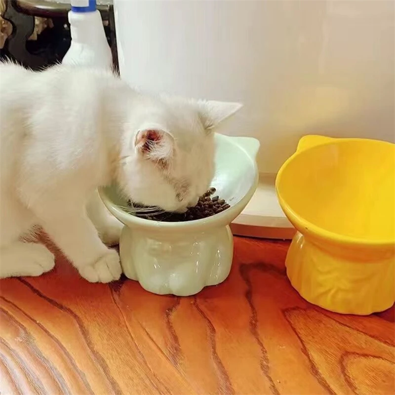 可爱猫咪碗陶瓷猫碗防打翻高脚护颈喝水碗倾斜口猫盆狗碗宠物用品
