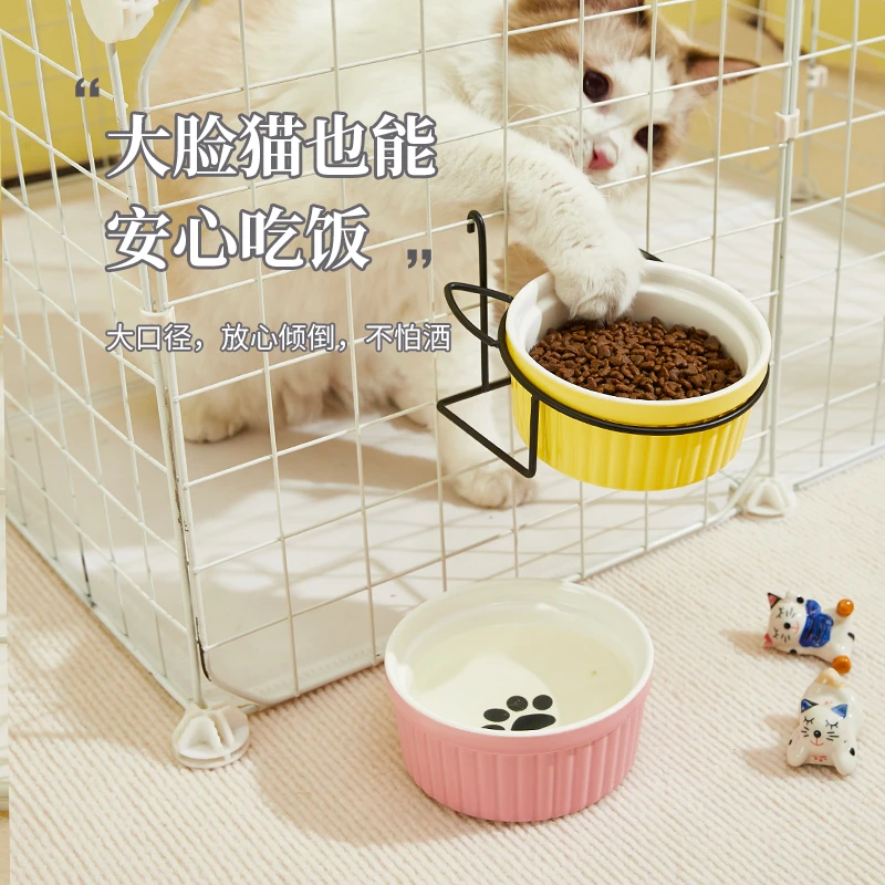 猫碗陶瓷斜口猫咪狗盆宠物用品高脚防打翻护颈喝水黑色慢食饭碗粮