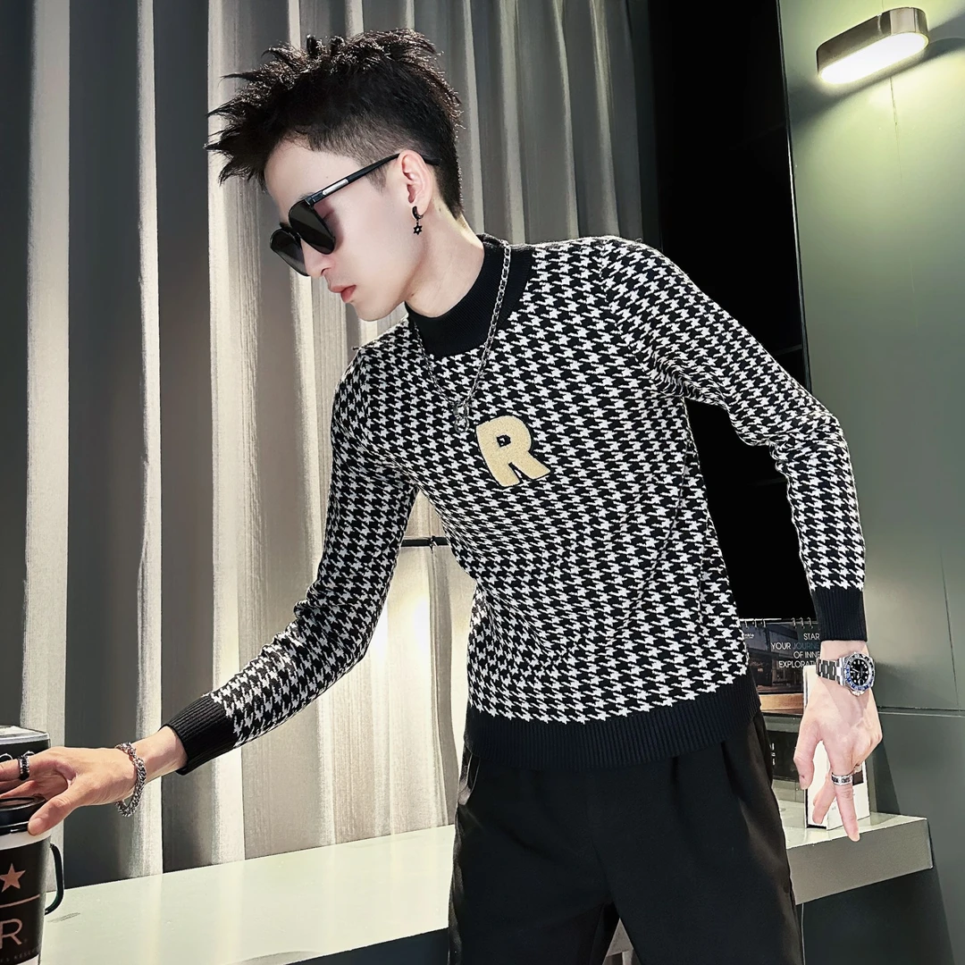 ·千鸟格子毛衣男士秋冬季款潮牌修身半高领针织男装内搭打底线衫