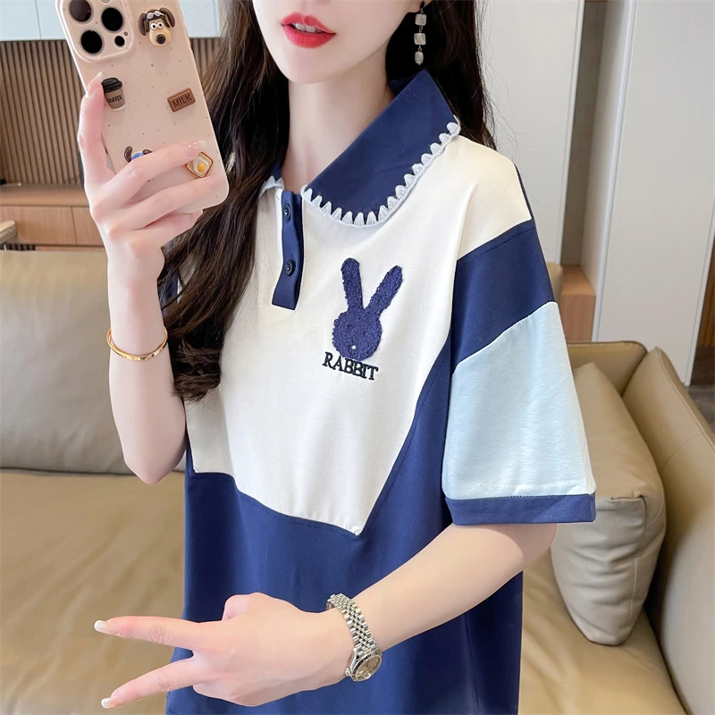 polo短袖t恤女夏季2025新款爆款宽松显瘦插肩袖拼色翻领半袖上衣