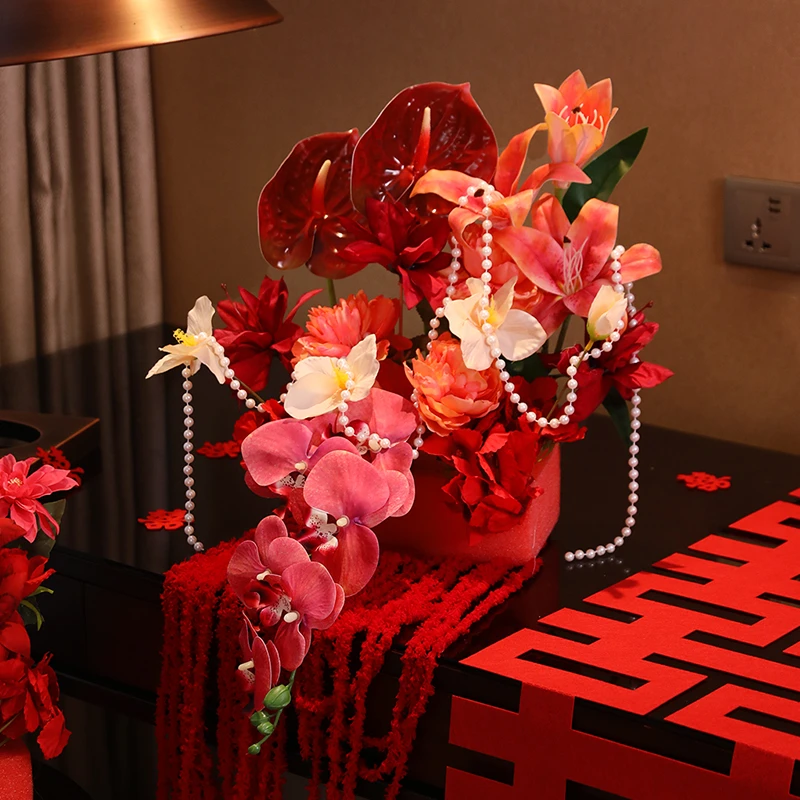 结婚仿真花艺摆件女方婚房布置套装订婚花束摆台婚礼卧室客厅装饰
