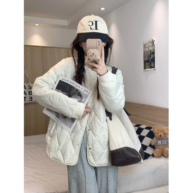 【902】别致简约菱格棉服外套女秋冬2023年新款宽松保暖韩版棉衣