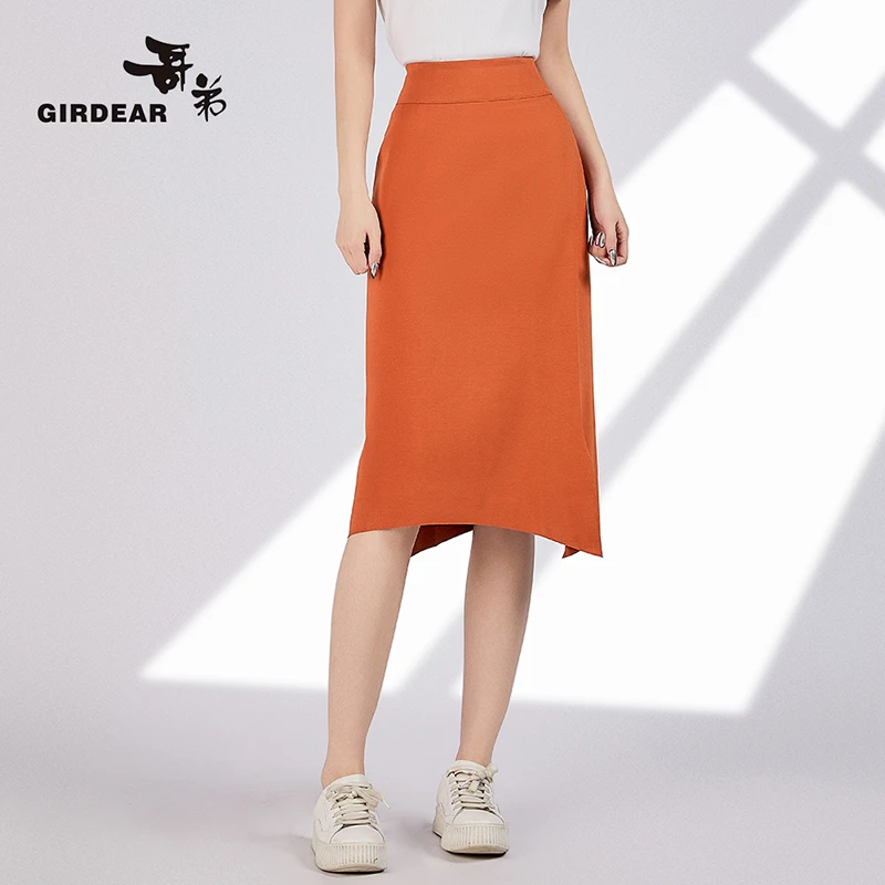 GIRDEAR哥弟 橘色开叉高腰气质百搭梦想裙显瘦女装半身裙1200263